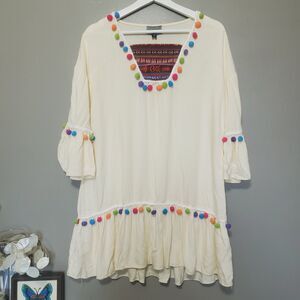Aiden Tunic Top Womens Size Small Cream Mixed Media Boho Peasant Ruffles